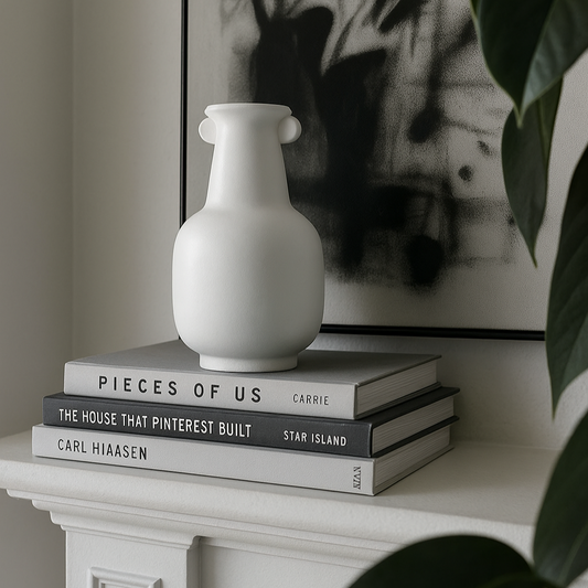 White metal vase styled on a stack of books with a black and white artwork behind it.