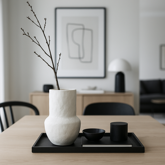 Neutral home with timber furniture and black accents styled interior| Mirra Interiors
