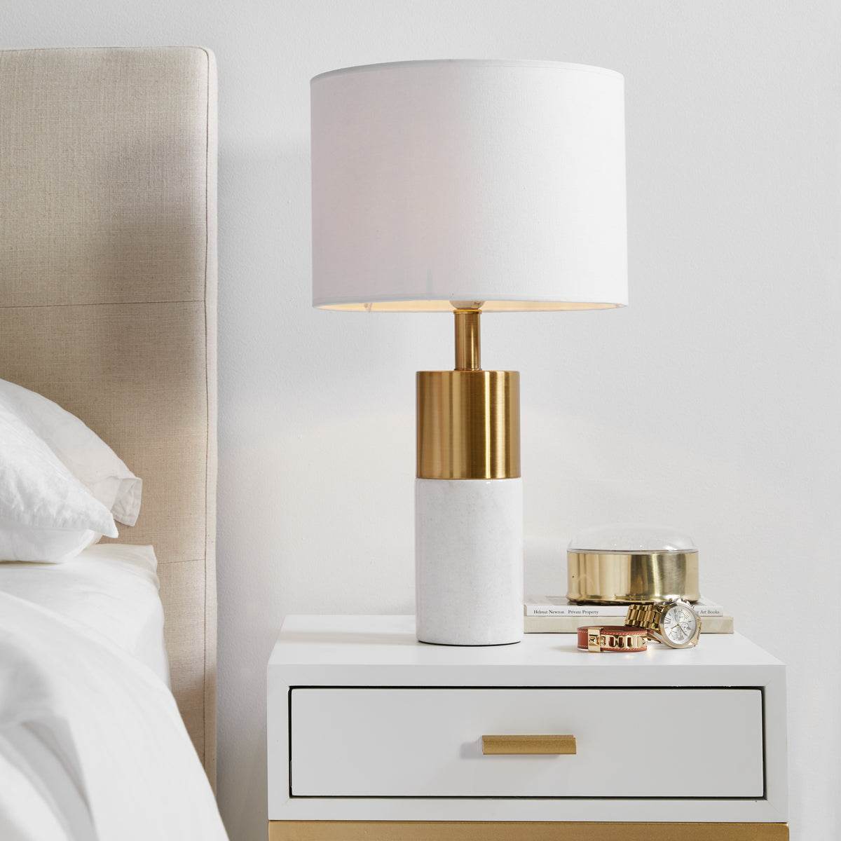 Lune | Marble Table Lamp Brass (White Shade) - Mirra Interiors