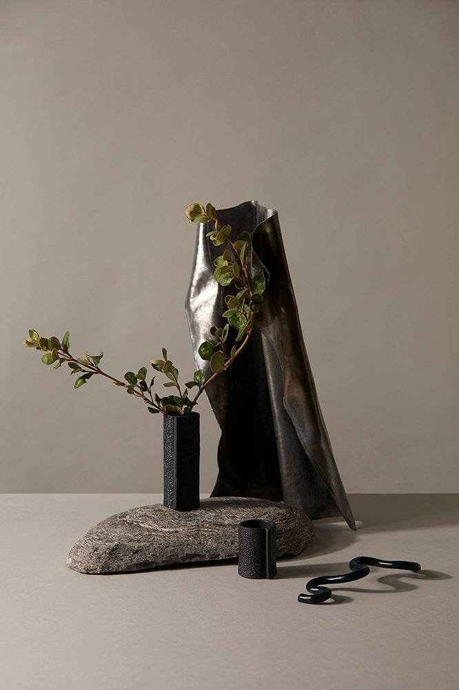 Burlap | Ceramic Textured Vase Black (Small) - Mirra Interiors