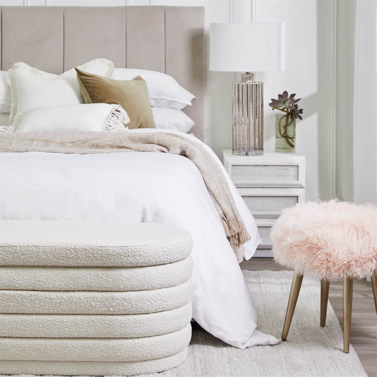 Dulcie | Plush Boucle Storage Bench Ottoman White - Mirra Interiors