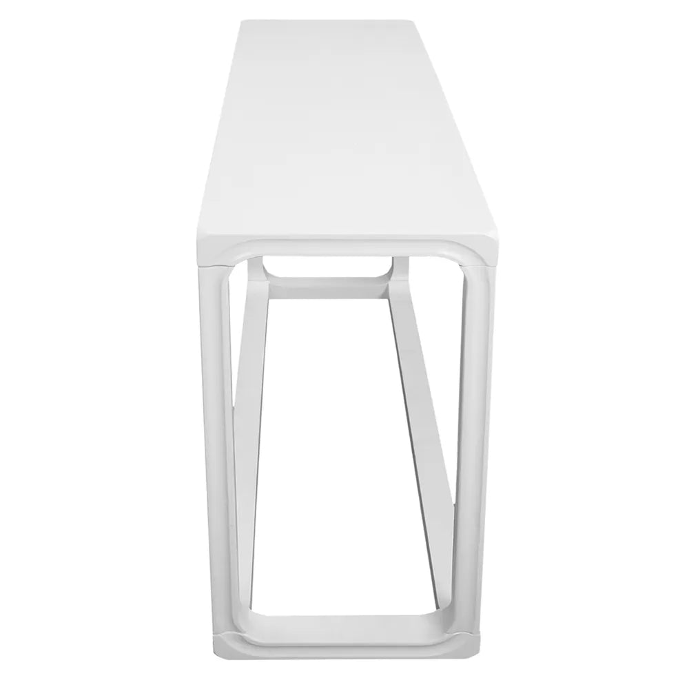 Side view of white console table with a minimalist design on a white background