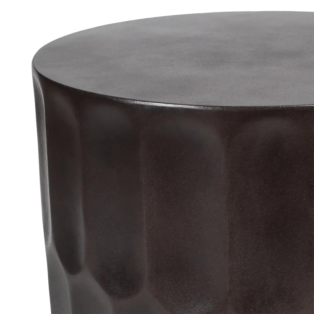 Round bronzed black side table stool with a glossy finish on a white background