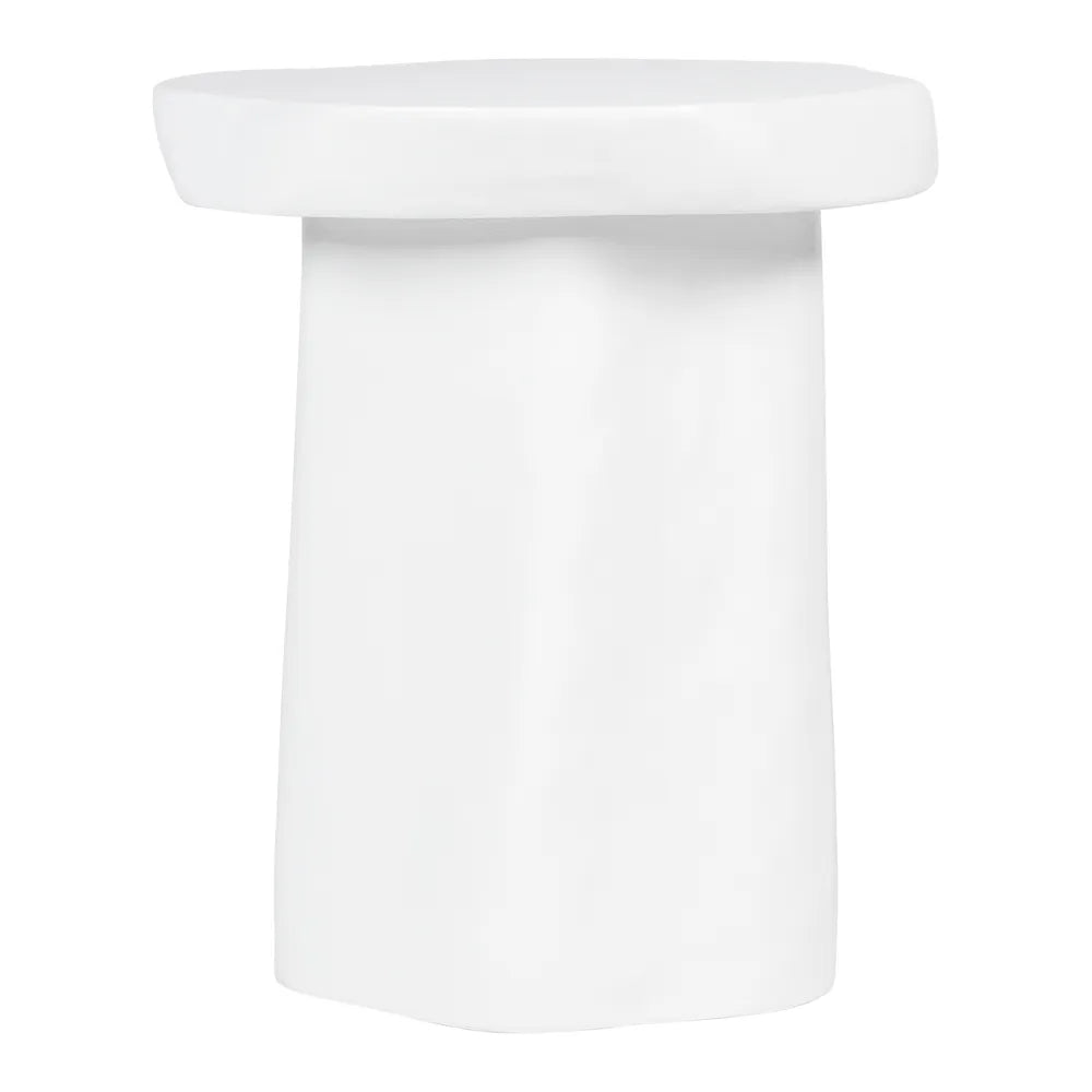 White cylindrical concrete side table on a white background