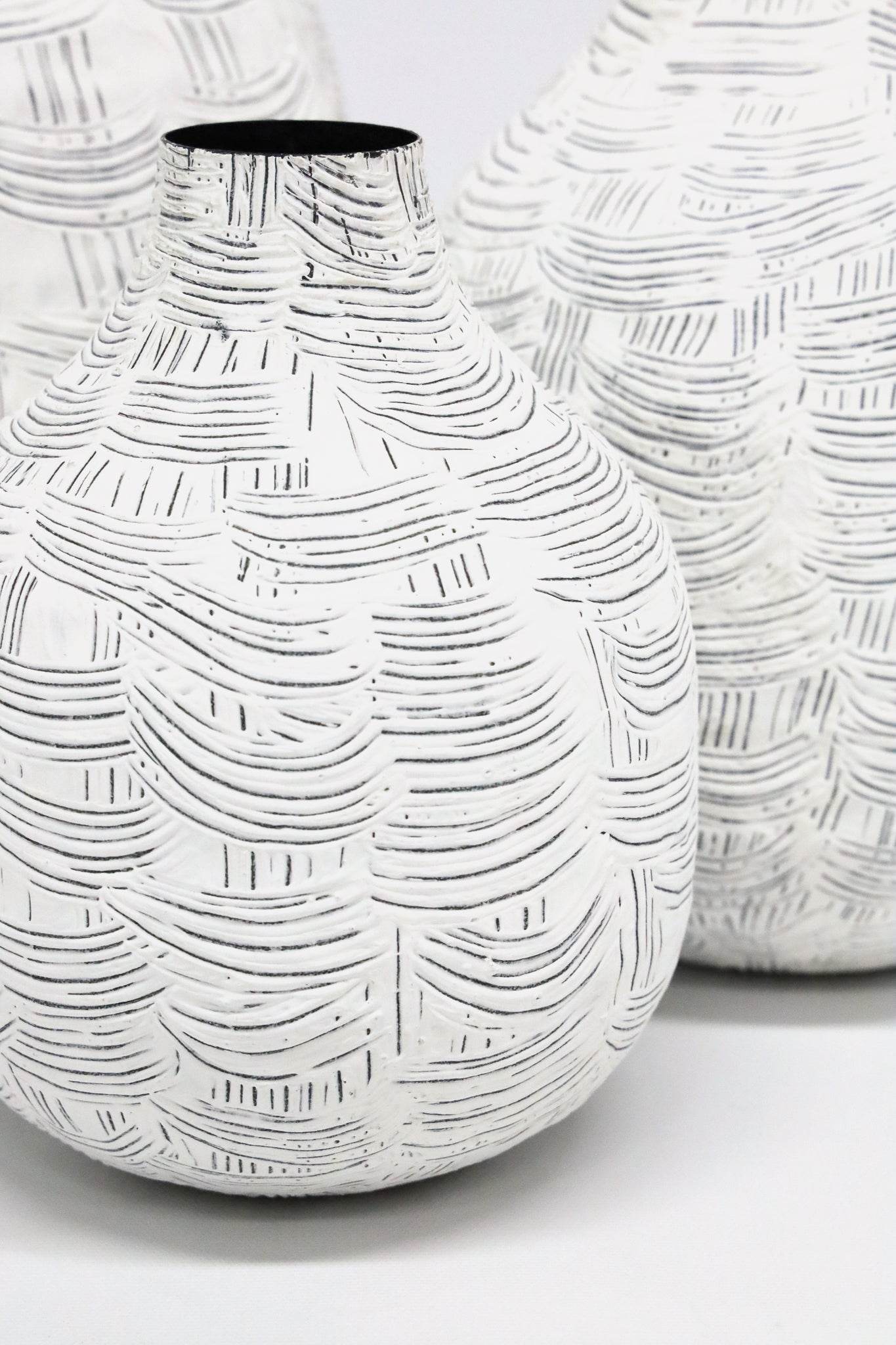 Mae | Etched Metal Vase White Close Up - Mirra Interiors
