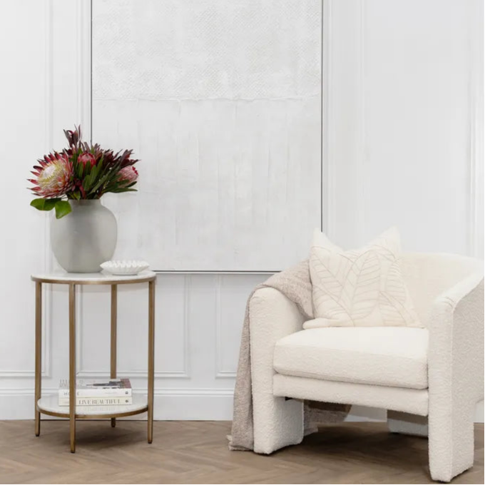 Sanctum White Textured Oil Painting in White Frame Styled With White Boucle Chair | Mirra Interiors