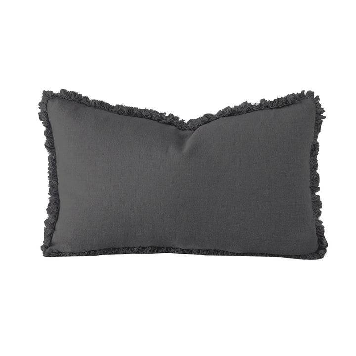 Eloise | Fringed Linen Lumbar Cushion Charcoal - Mirra Interiors