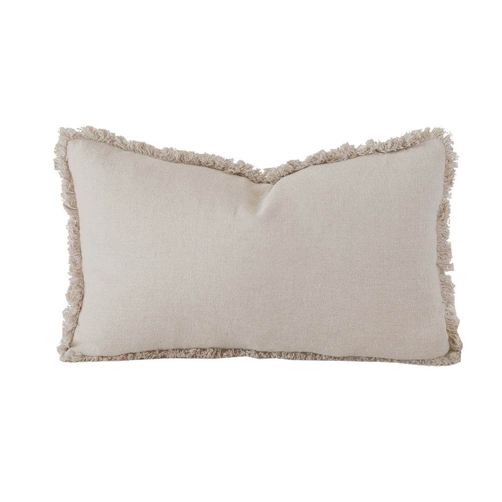 Eloise | Fringed Linen Lumbar Cushion Pebble - Mirra Interiors
