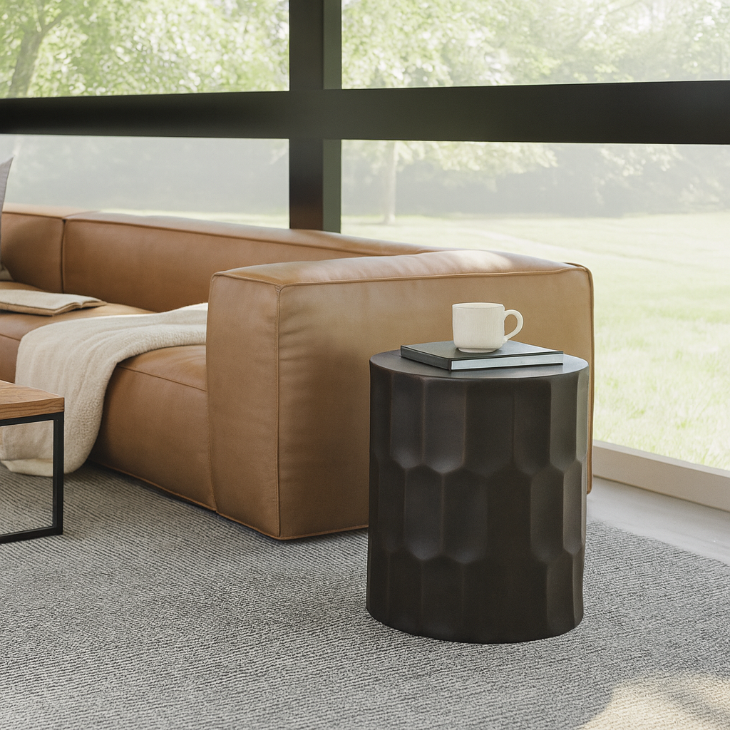 Modern living room with a brown sectional sofa and a black side table.
