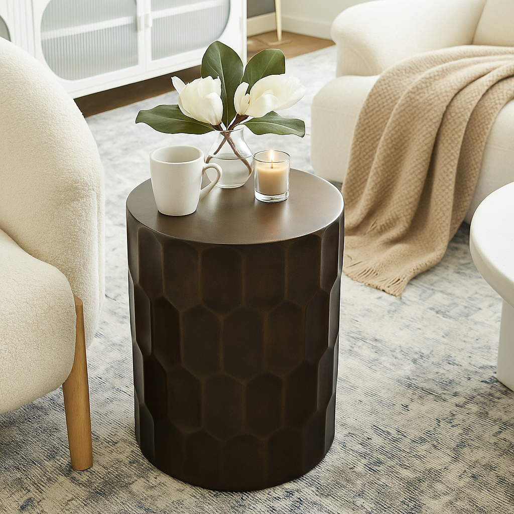 Black textured side table with a cup, candle, and plant in a living room setting.
