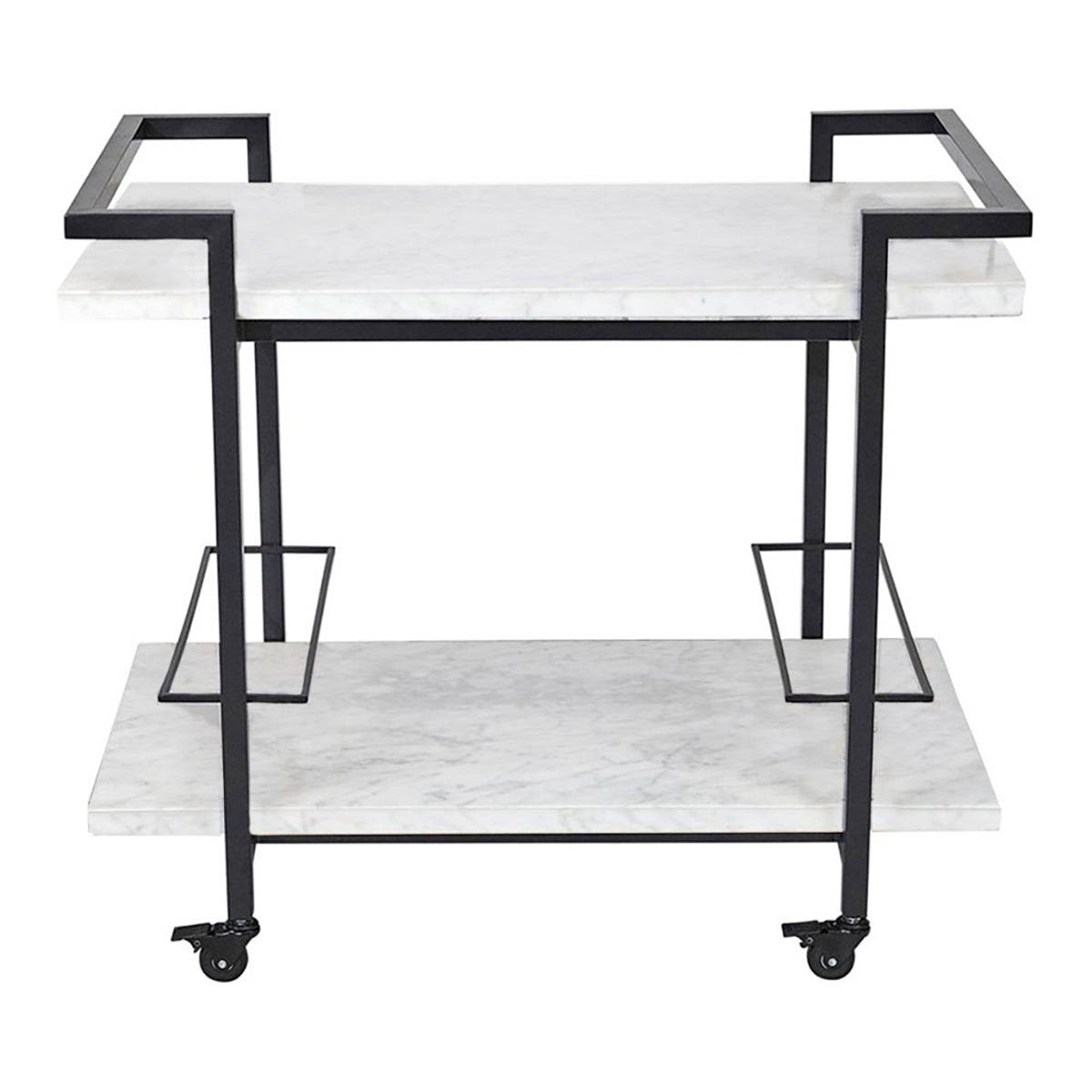 A multi-tiered white marble and black stainless steel bar cart with lockable castors.