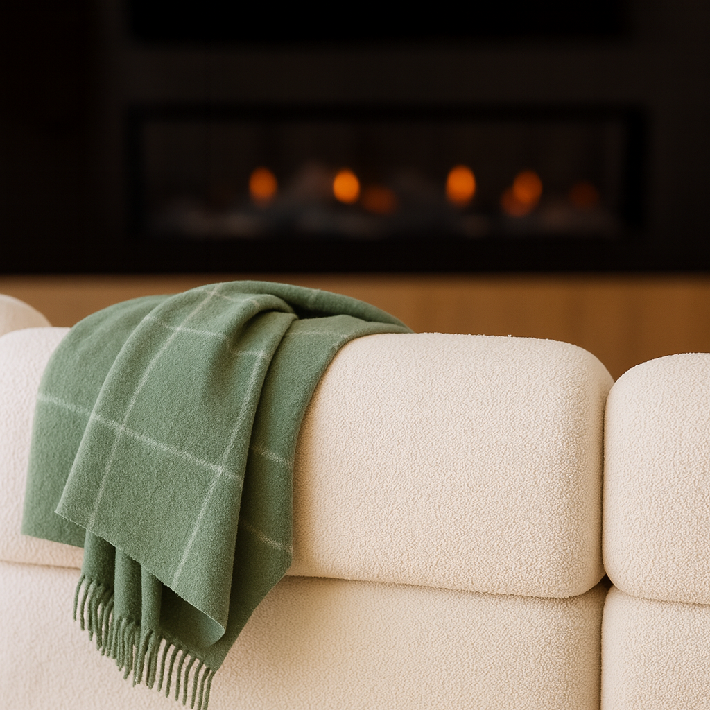 Green checkered blanket draped over a beige sofa with a fireplace in the background