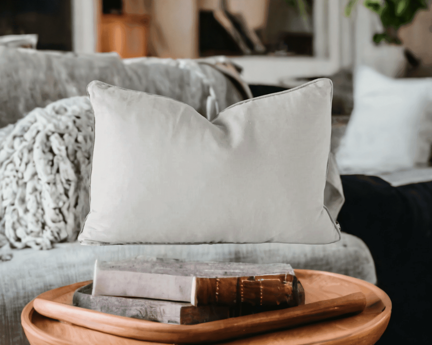 Calai | Self-Piped Linen Lumbar Cushion Smoke Grey - Mirra Interiors