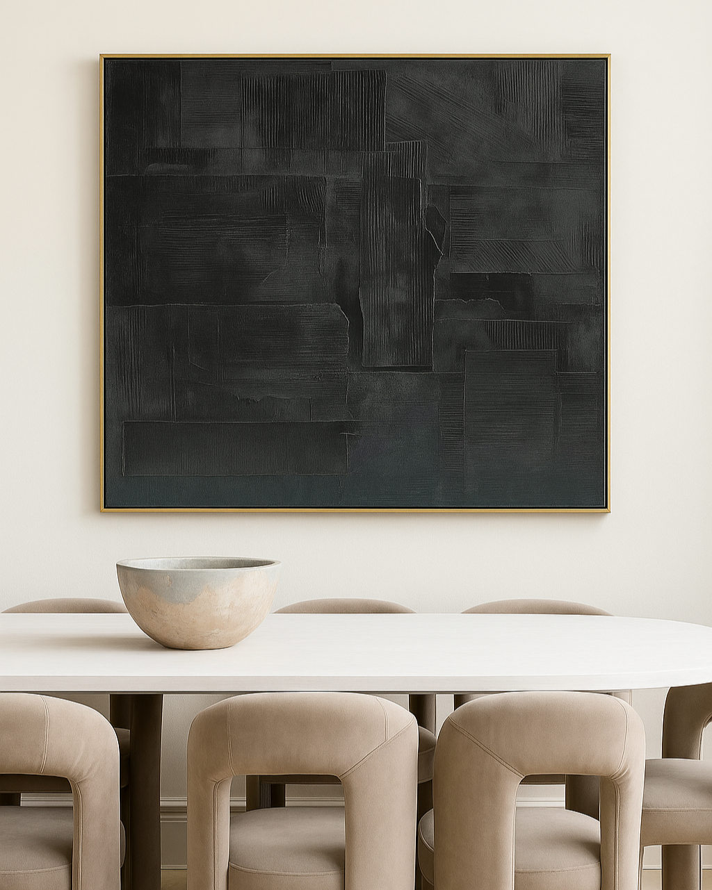 Modern dining room with a large abstract black painting on the wall above a white table and beige chairs.