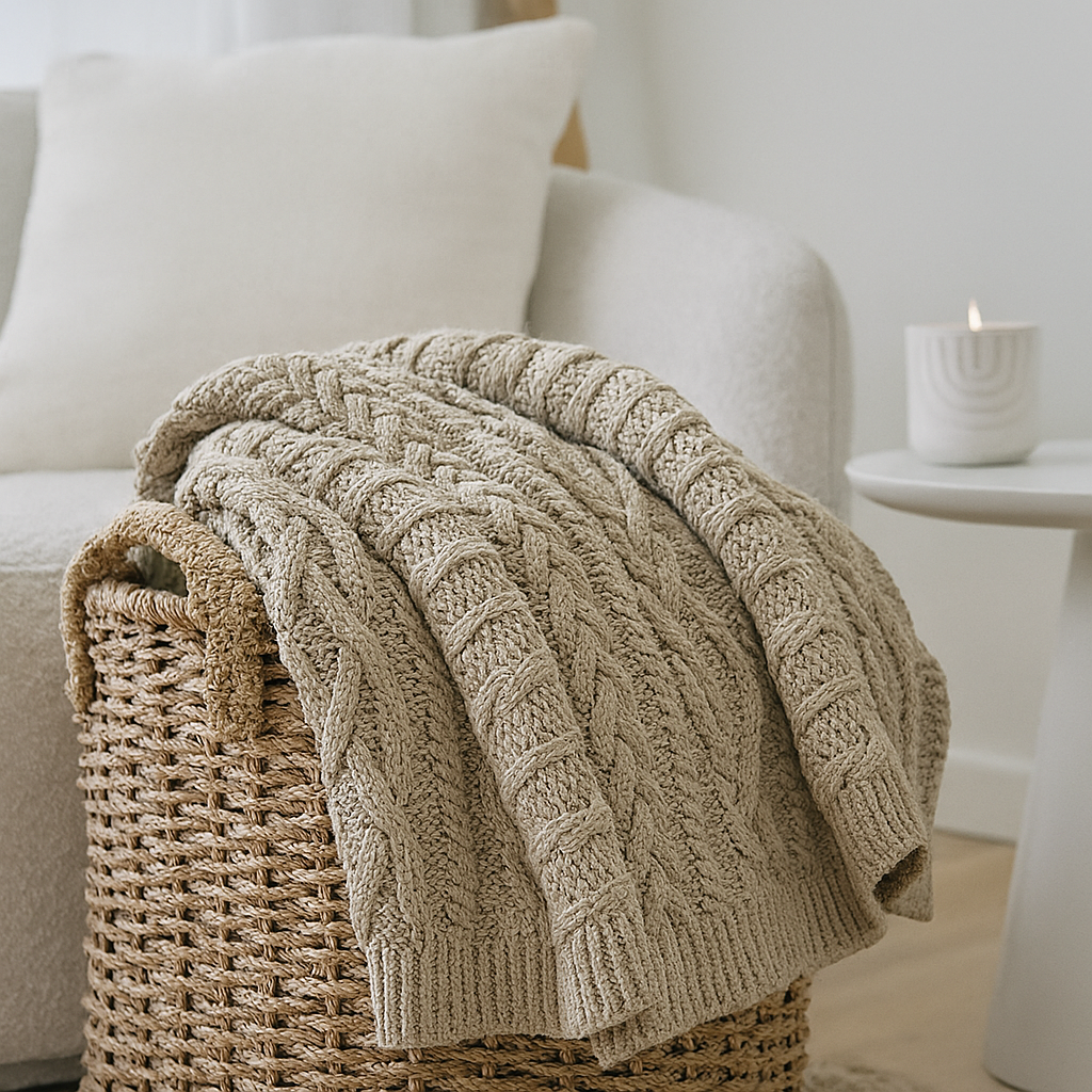 Frankie | Textured Cable Knit Throw Rug - Latte