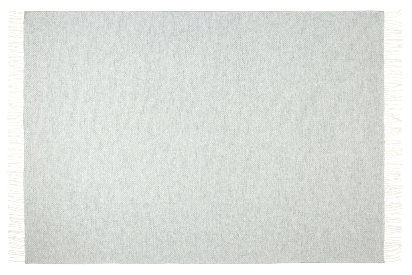 Light gray textured rug with white fringe on a plain background