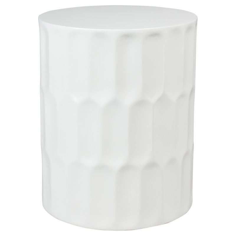 White cylindrical stool side table with geometric pattern on a white background