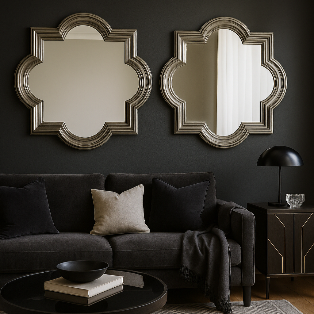 Silver Glam Mirrors In Art Deco Living Moody Living Room | Mirra Interiors