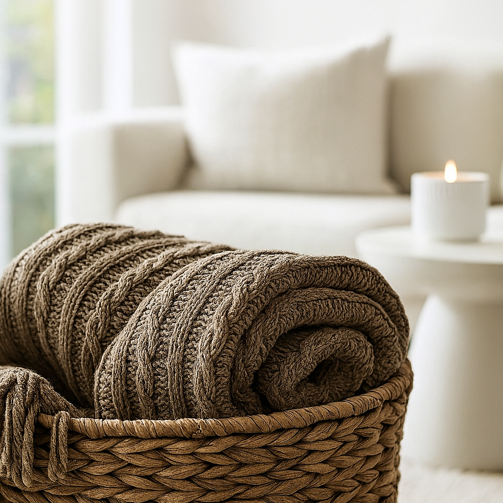 Brown knitted blanket in a woven basket with a blurred background of a cozy living room.