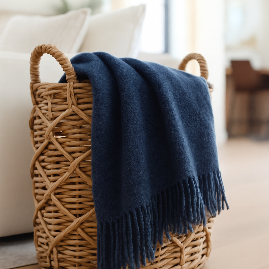Wicker basket with a Navy blue blanket on a wooden floor in a living room.