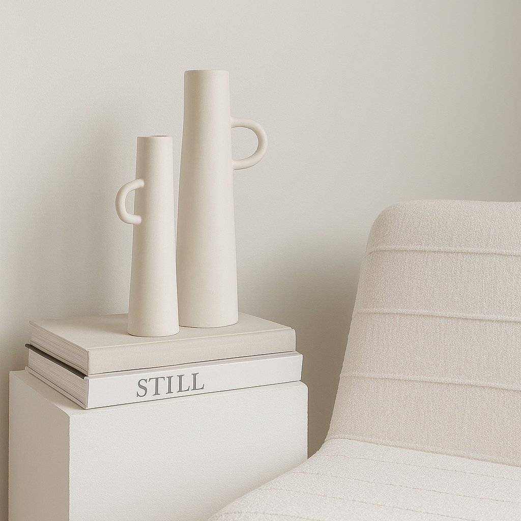 White ceramic vases with handle styled in all white room next to fabric occasional chair | Mirra Interiors