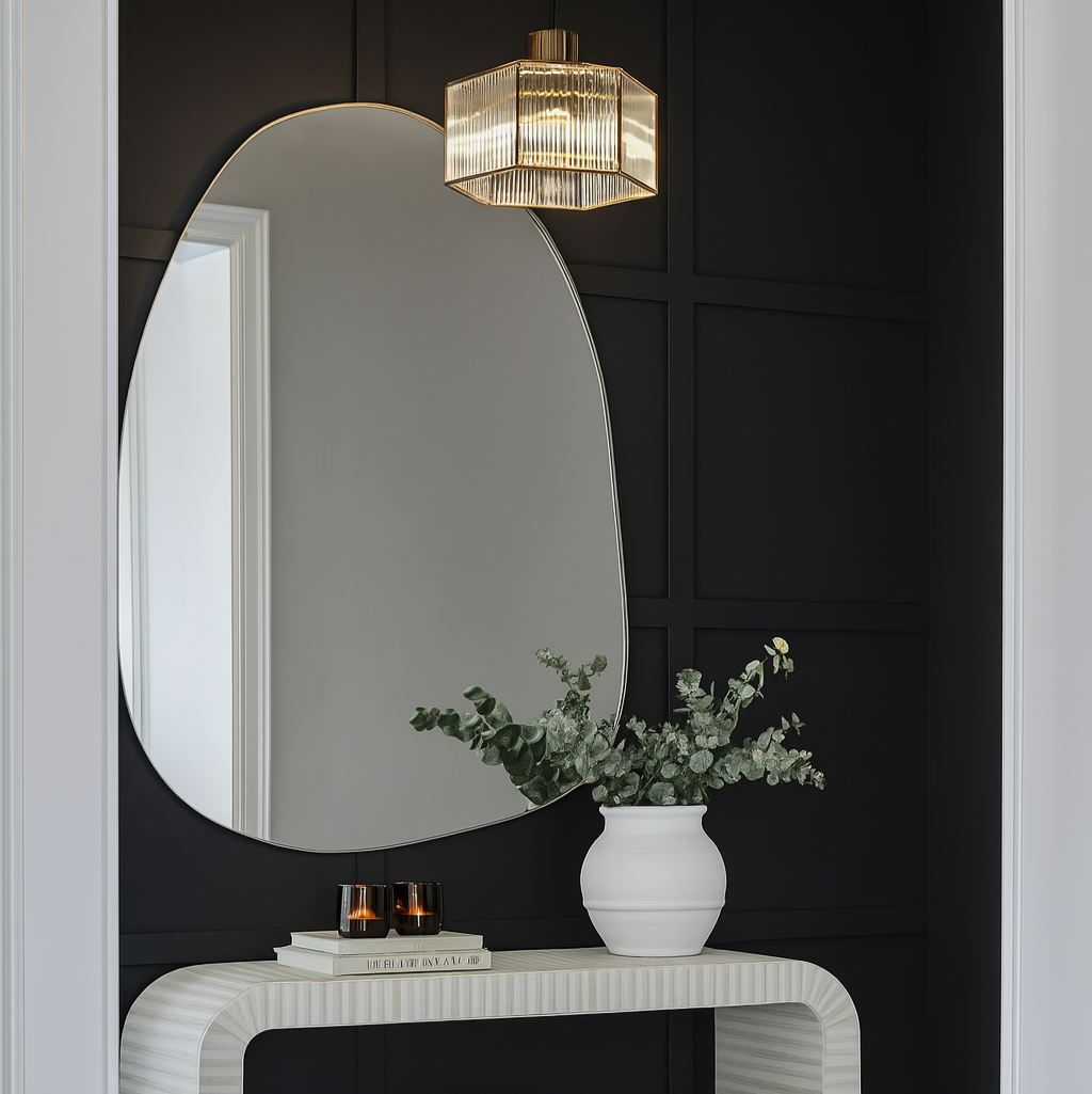 Pebble mirror styled on black feature wall entry