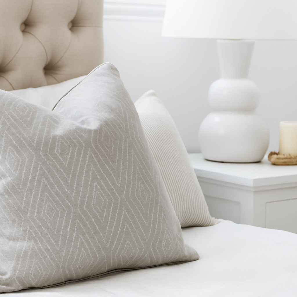 Soft grey pattern cushion styled on modern bed with tufted headboard | Mirra Interiors