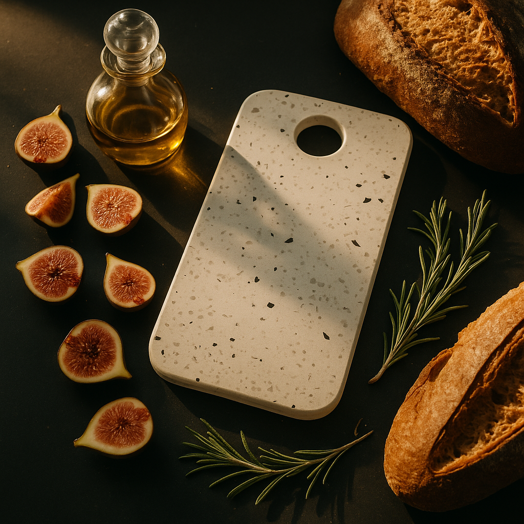Speckled stone cutting board with figs, bread, and olive oil on a dark surface