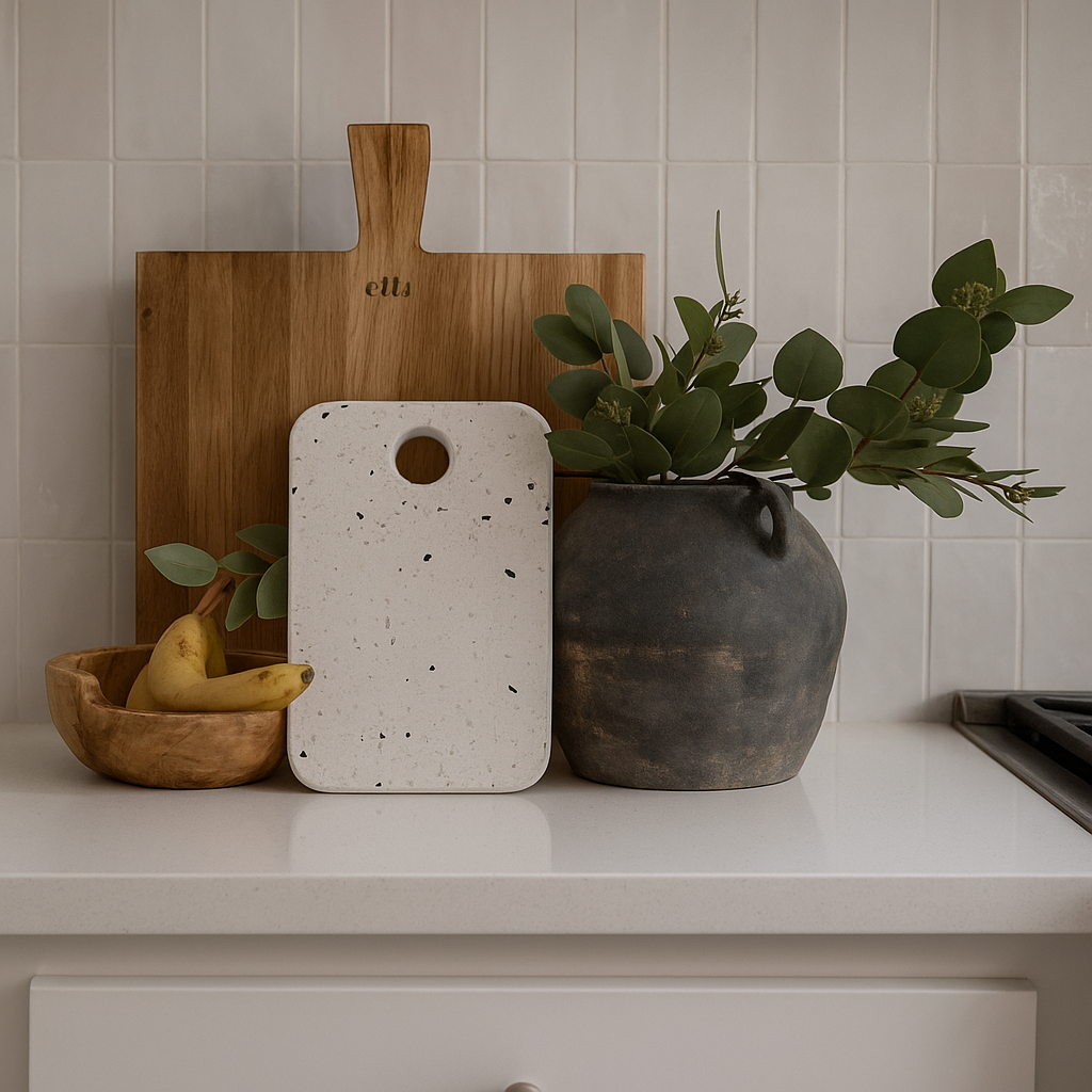 Wooden and terrazzo cutting boards with a plant on a kitchen counter.