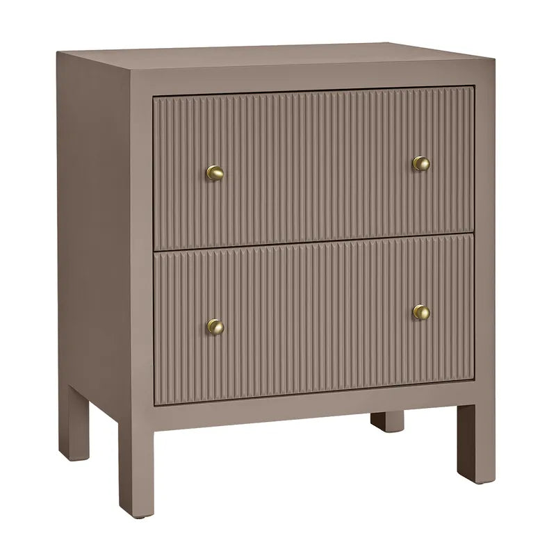 taupe cabinet with gold knobs on a white background