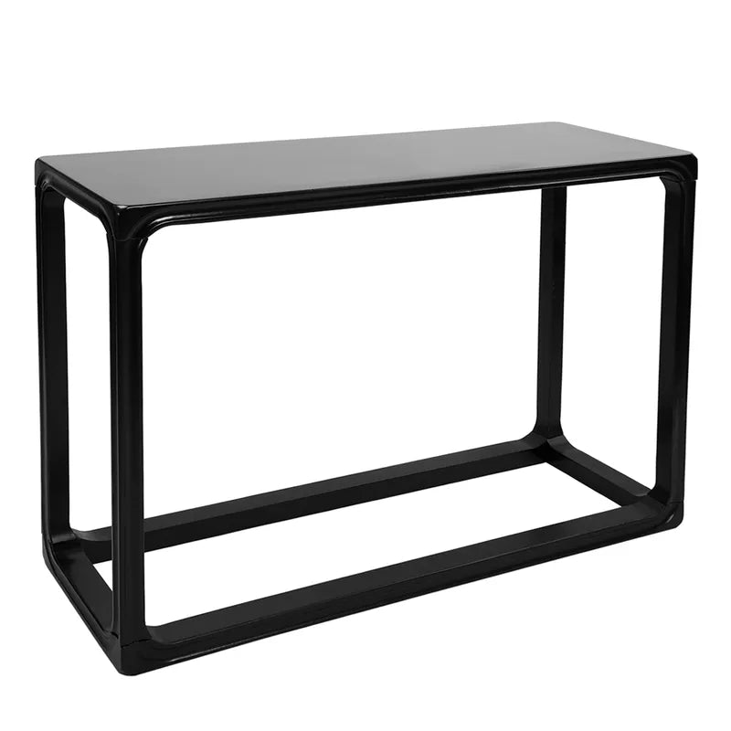 Black timber console table on a white background