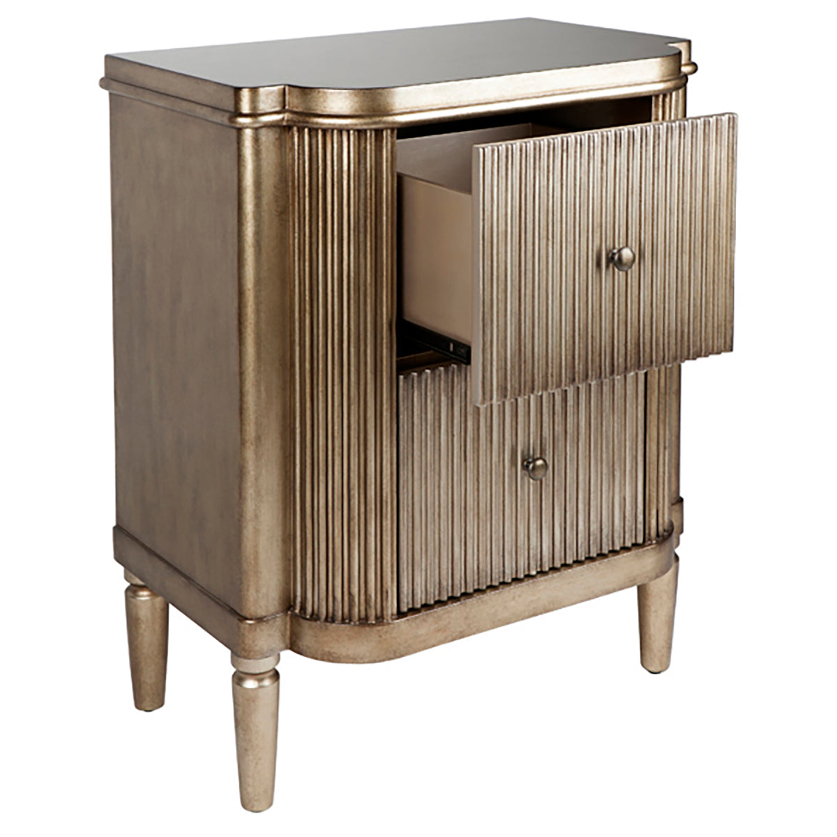 antiqued gold bedside table showing an open drawer on white back ground