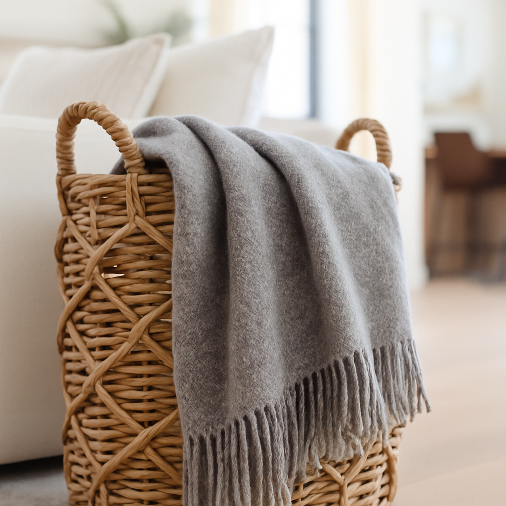 grey throw rug draped over woven rattan basket with white sofa and living room in background
