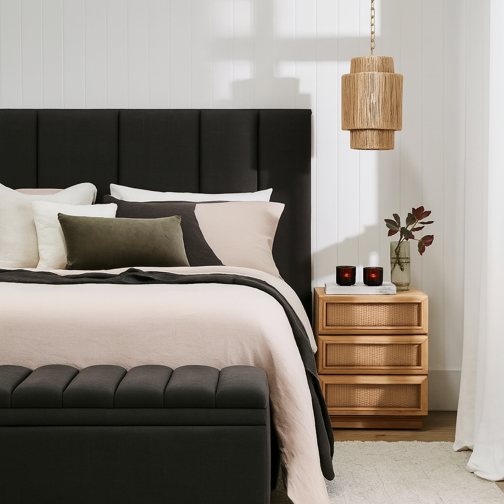 Modern bedroom with a black upholstered bed, wooden nightstand, and pendant light.