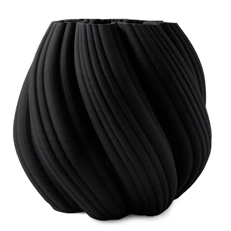 Mirra Interiors modern twist vase decor in black with a unique ribbed design for contemporary interiors