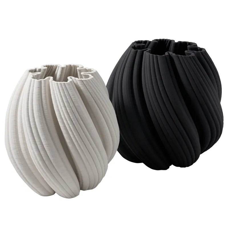 Modern twist vase decor set in white and black, featuring a unique pleated design for stylish interiors Mirra Interiors