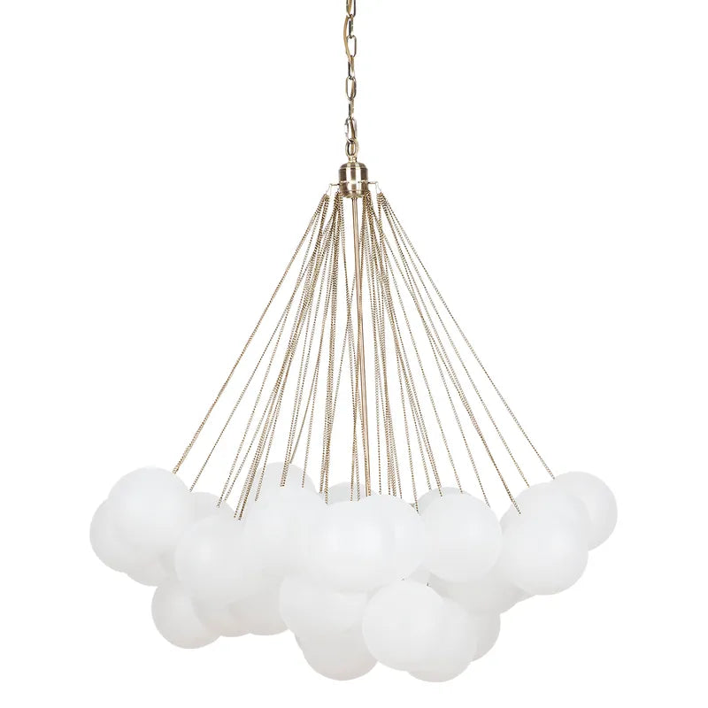 Modern Chandelier with multiple white glass balls on a white background
