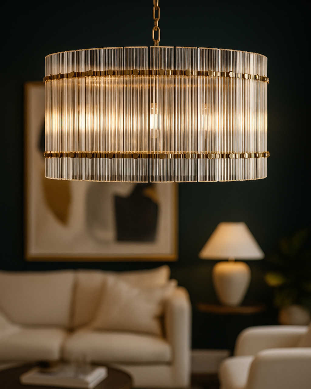Chandelier hanging in a living room with a blurred background | Mirra Interiors
