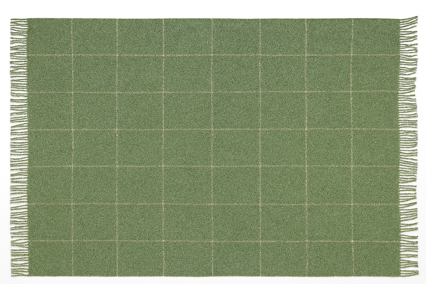Green checkered blanket with white lines and fringes on a plain background