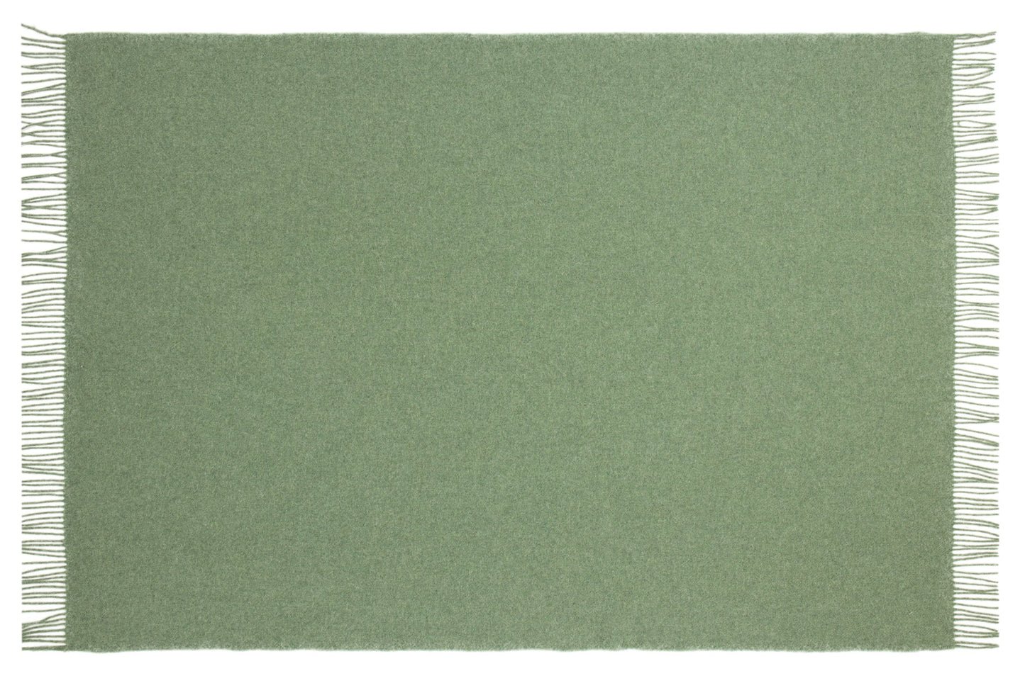 Green wove throw rug flat lay with fringed edges on a white background