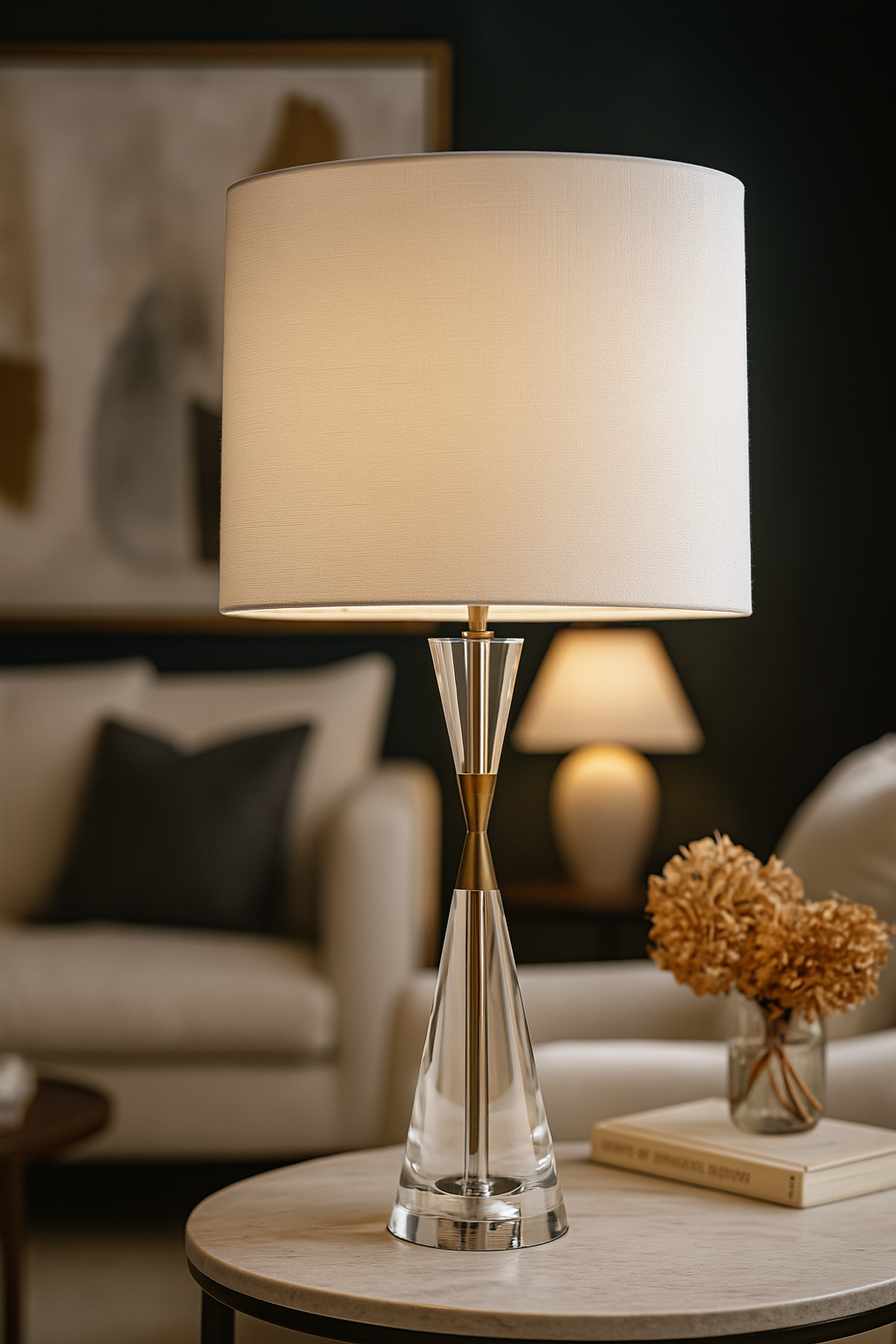 Crystal table lamp with a white shade on a travertine table in a living room setting | Mirra Interiors
