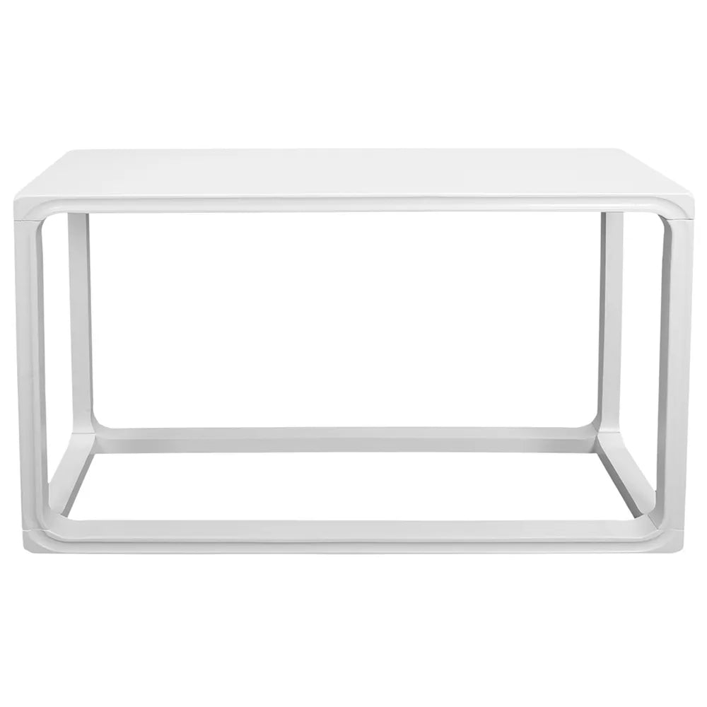White rectangular console hall table with a minimalist design on a white background
