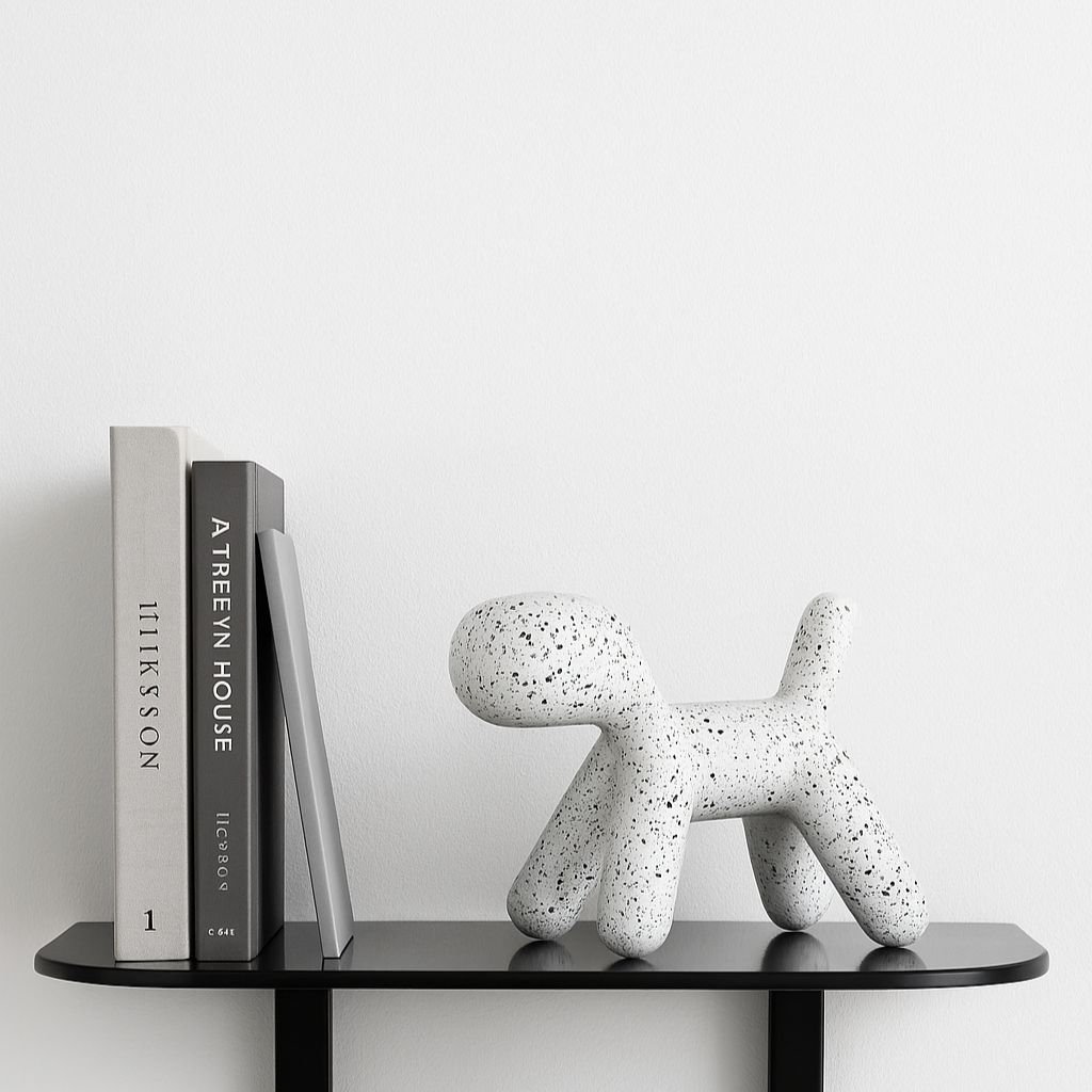 best selling white toto dog sculpture in terrazzo print styled on black shelf
