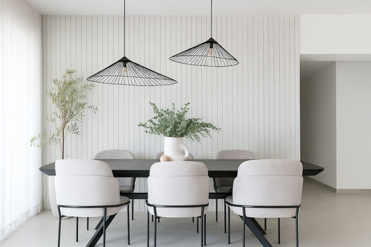 Modern Monochrome Dining Room with stylish black pendants 