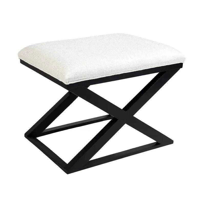 Hudson | Black Cross Leg Timber Upholstered Stool Natural Linen - Mirra Interiors