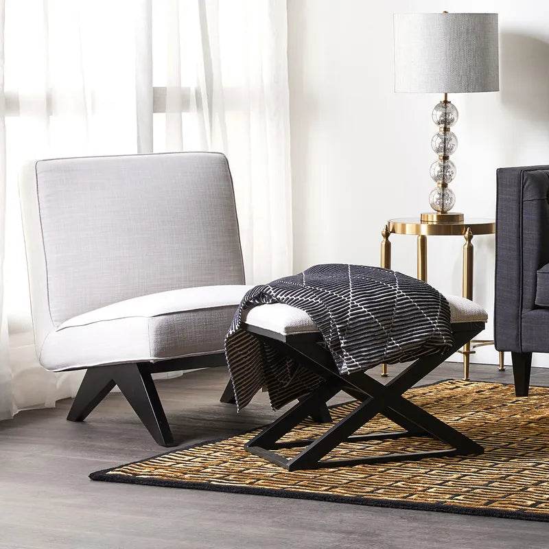 Hudson | Black Cross Leg Timber Upholstered Stool Natural Linen - Mirra Interiors