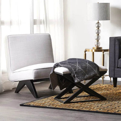 Hudson | Black Cross Leg Timber Upholstered Stool Natural Linen - Mirra Interiors