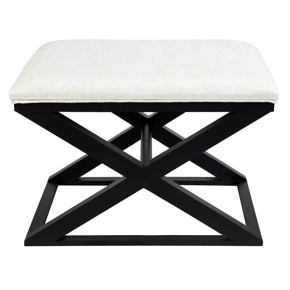 Hudson | Black Cross Leg Timber Upholstered Stool Natural Linen - Mirra Interiors