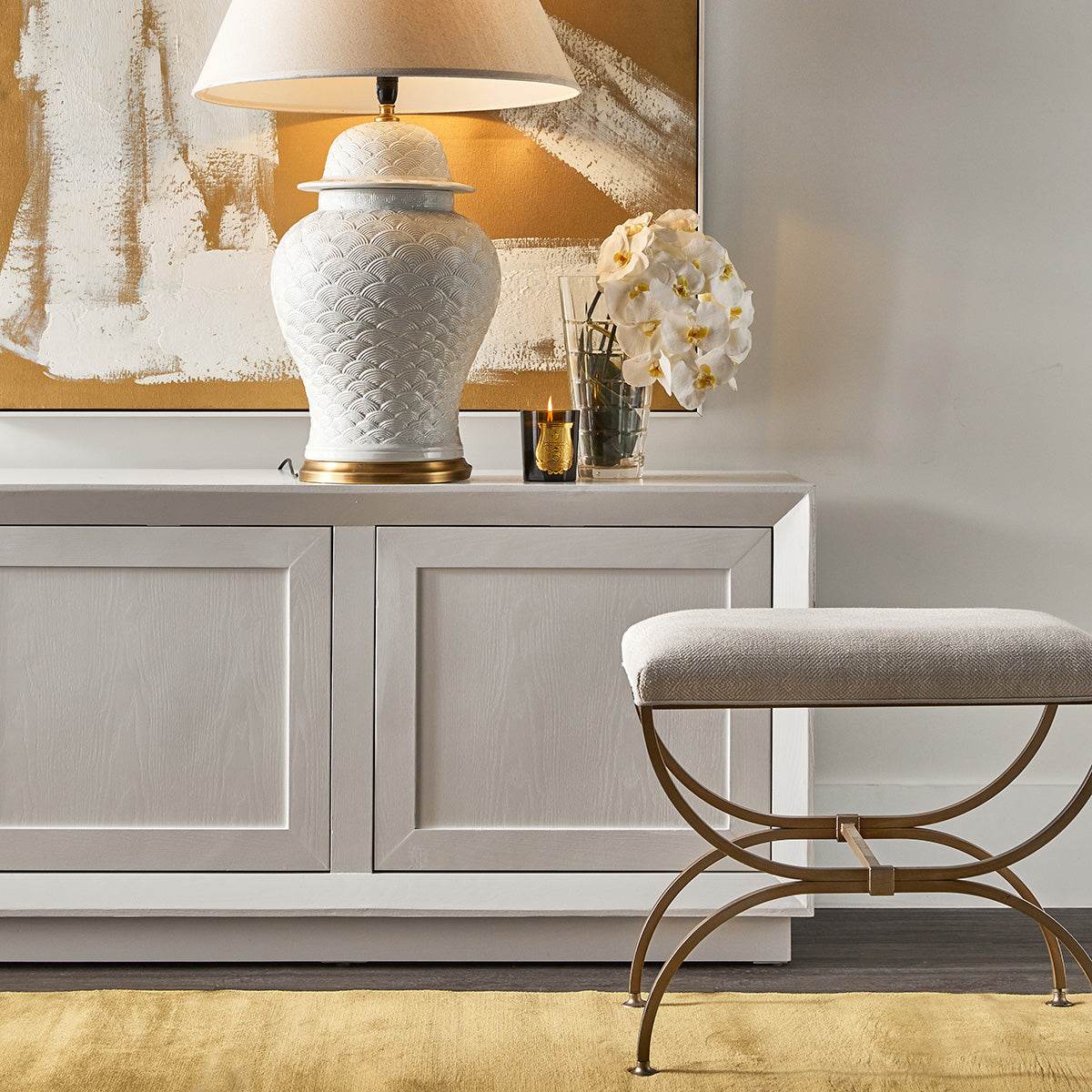 Novak | Gold Metal Cross Leg Upholstered Stool Natural Linen - Mirra Interiors