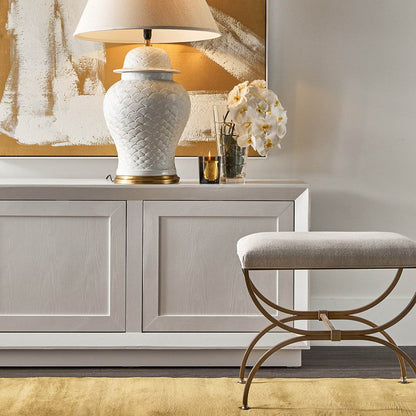 Novak | Gold Metal Cross Leg Upholstered Stool Natural Linen - Mirra Interiors